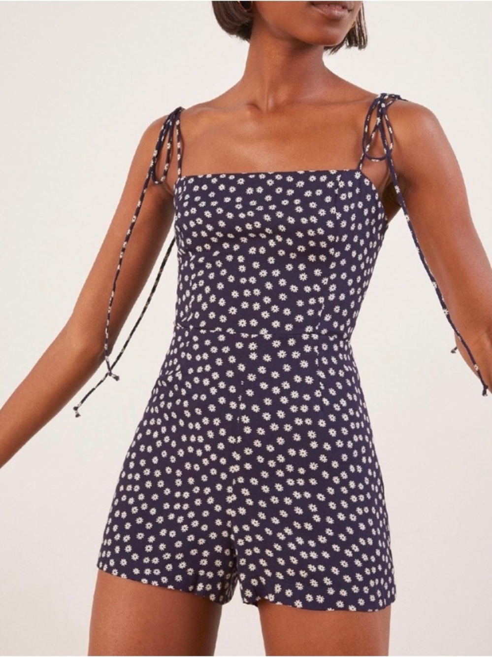 Reformation Cammie Jumpsuit Flores Navy Blue White Floral Romper Cottagecore 0